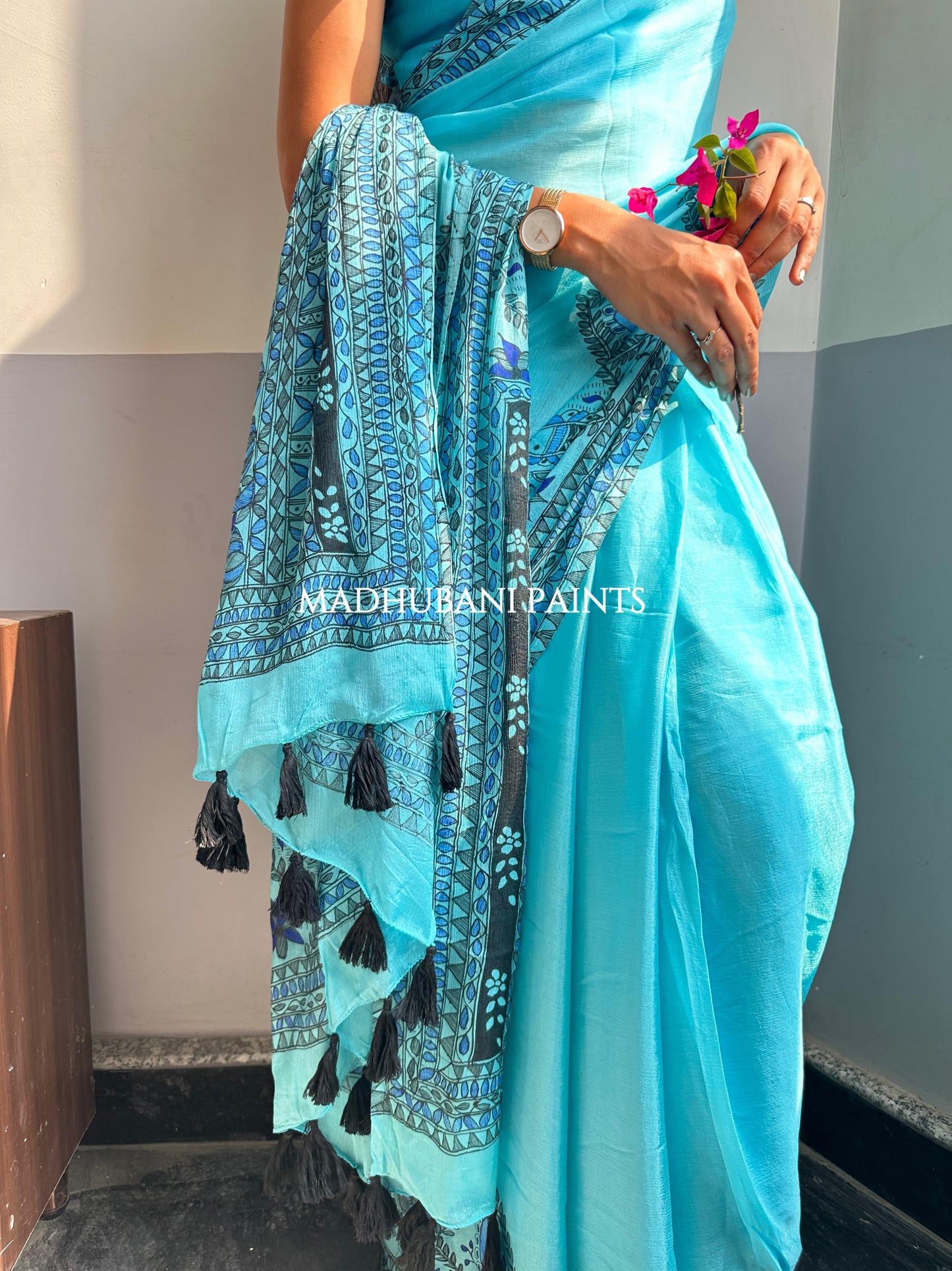 NEELAMBARI Hand-painted Madhubani Chiffon Saree Blouse Set