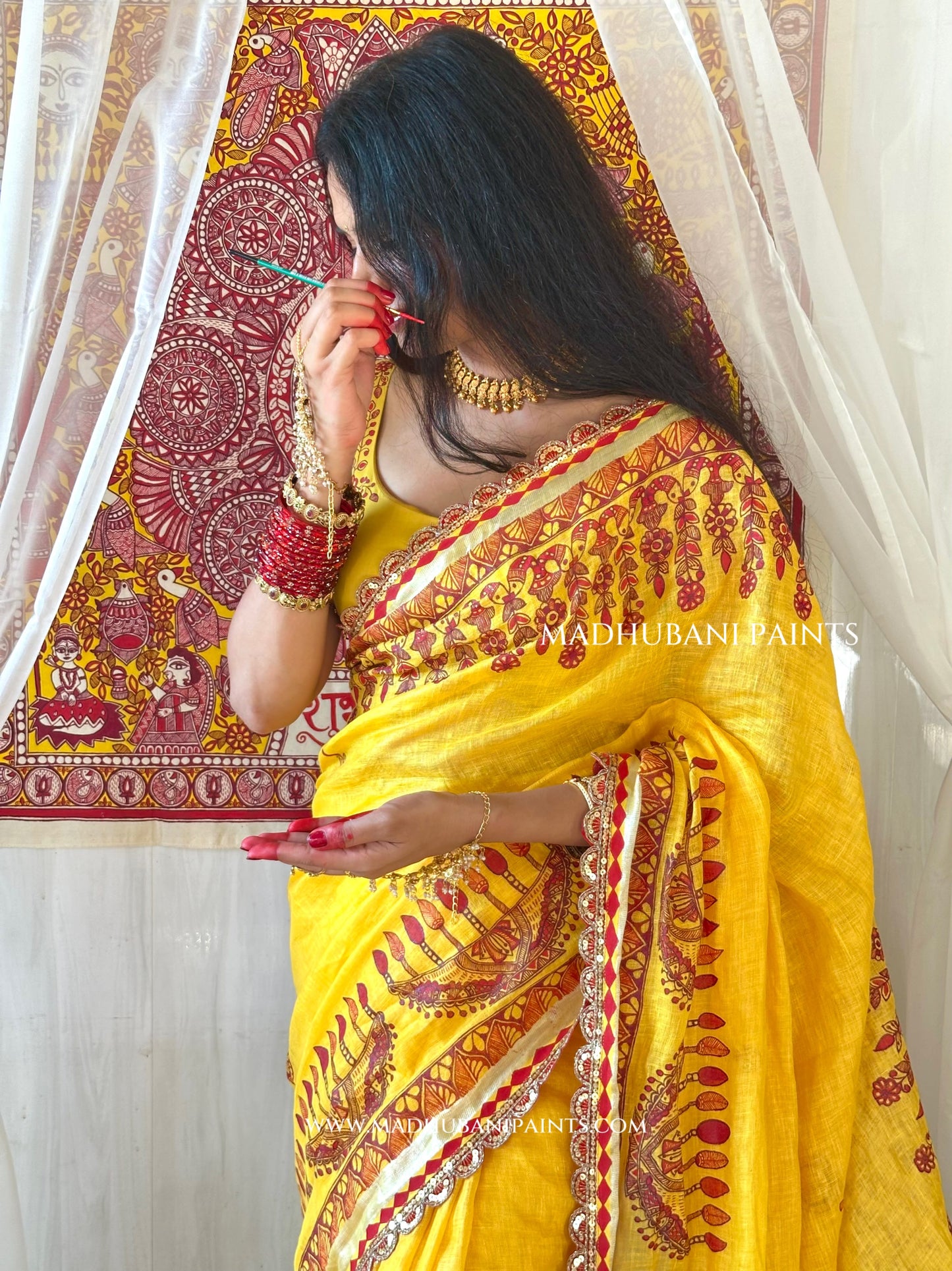 Haldi Bridal Hand-painted Madhubani Painting Saree