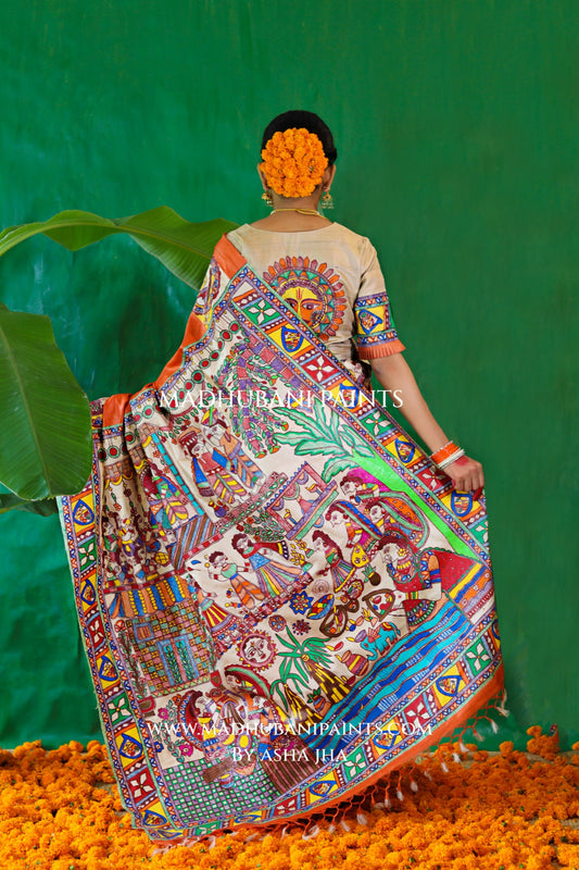 CHHATH PAWAN Handpainted Madhubani Tussar Silk Saree Blouse Set