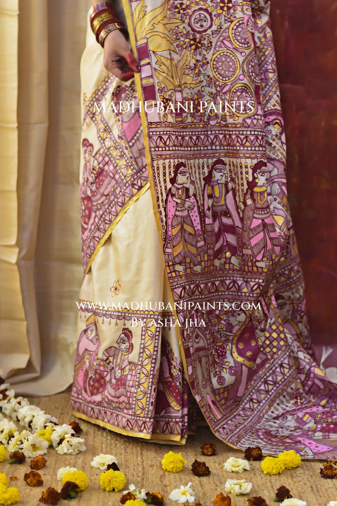 SUHAGIN Hand-painted Madhubani Tussar Silk Saree Blouse Set