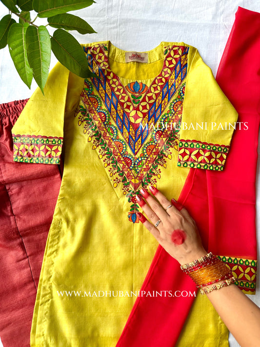 UPNAYAN Hand-painted Handloom Kids Tussar Silk Kurta pant dupatta set upto 6 years)