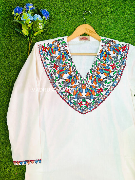 White Multicoloured Fish V neck  Hand-painted Handloom Men's Cotton Kurta