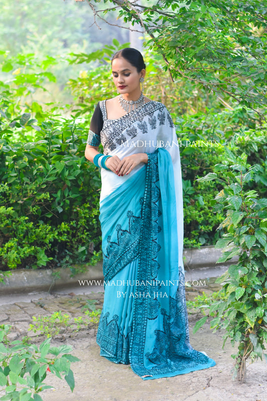 Neel Ujala Hand-painted Madhubani Chiffon Saree Blouse Set