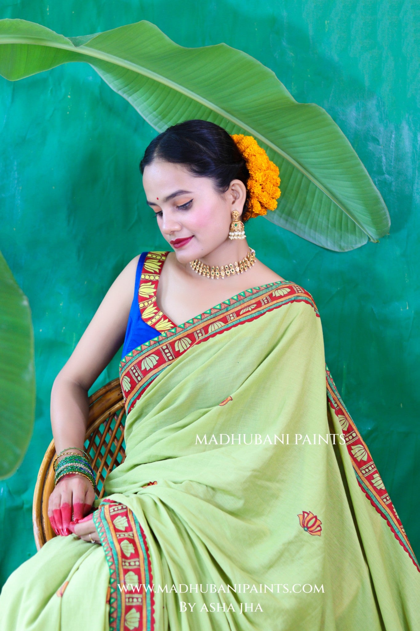 BHAKTI BHAVA Chhath Puja Hand painted Madhubani Mul Cotton Saree