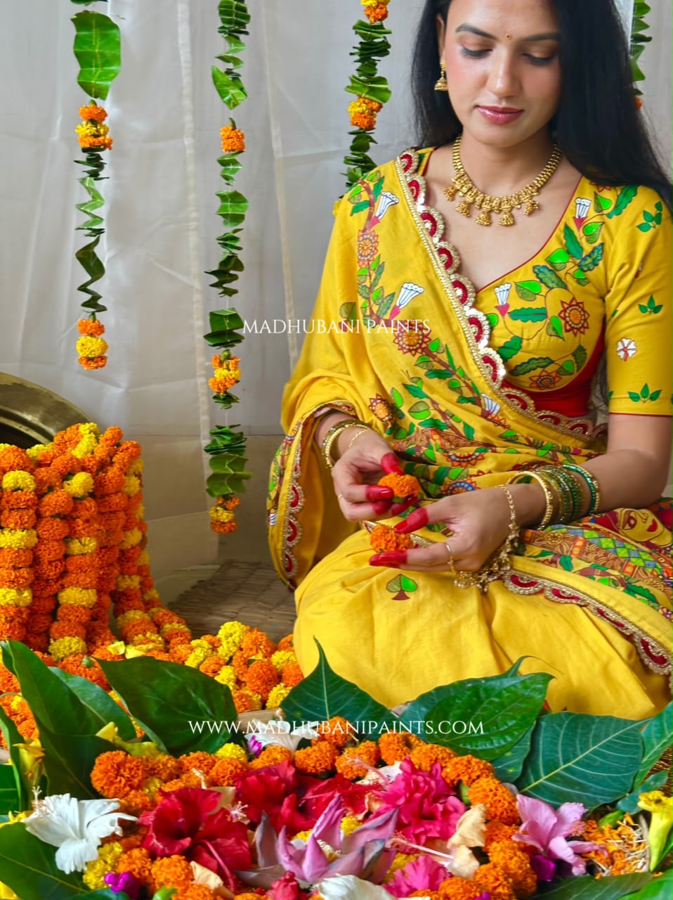 Madhushravani Yellow Bridal Hand-painted Madhubani Painting Cotton Saree