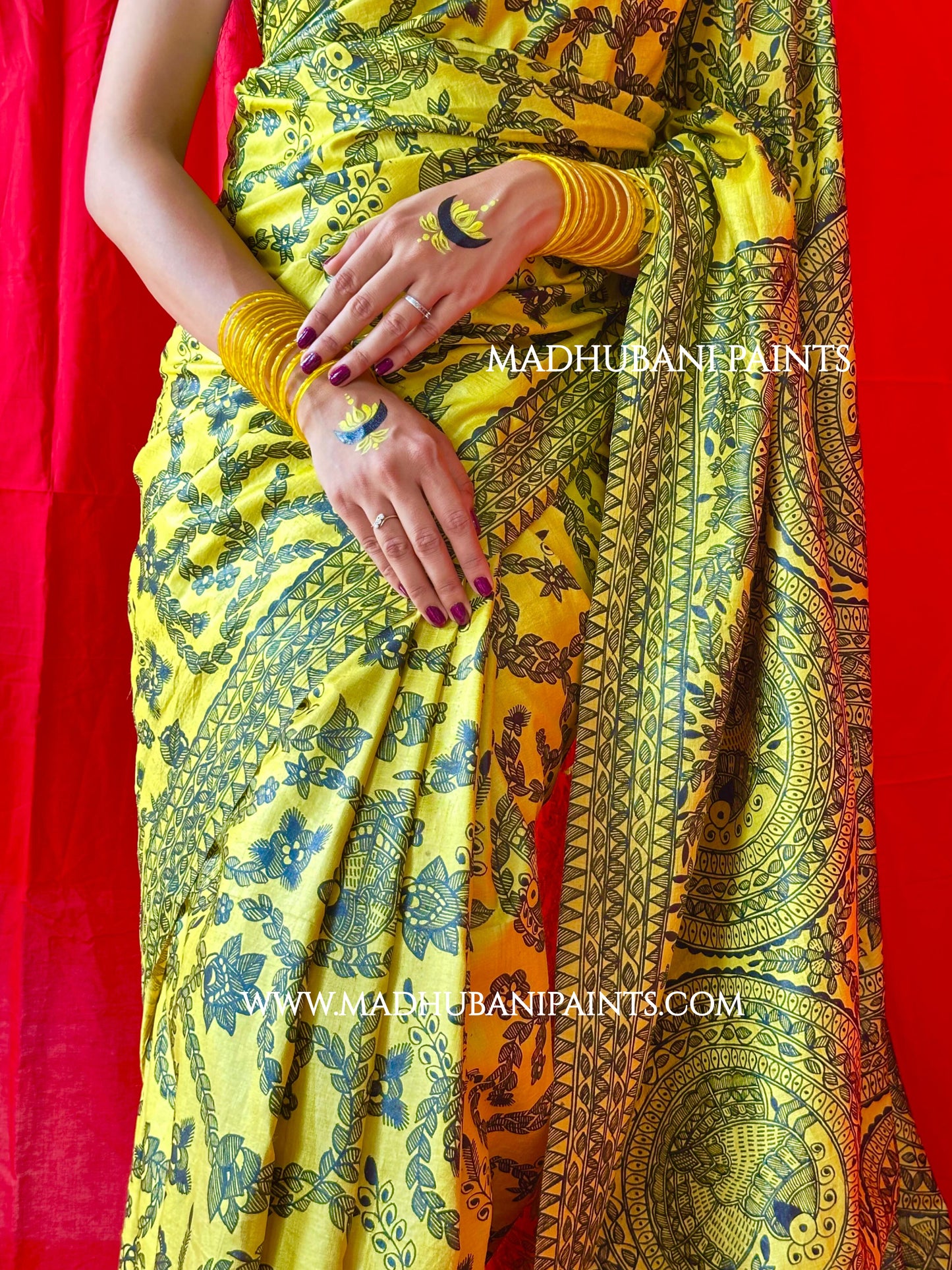 MAYUR MANDALI Full Handpainted Madhubani Saree