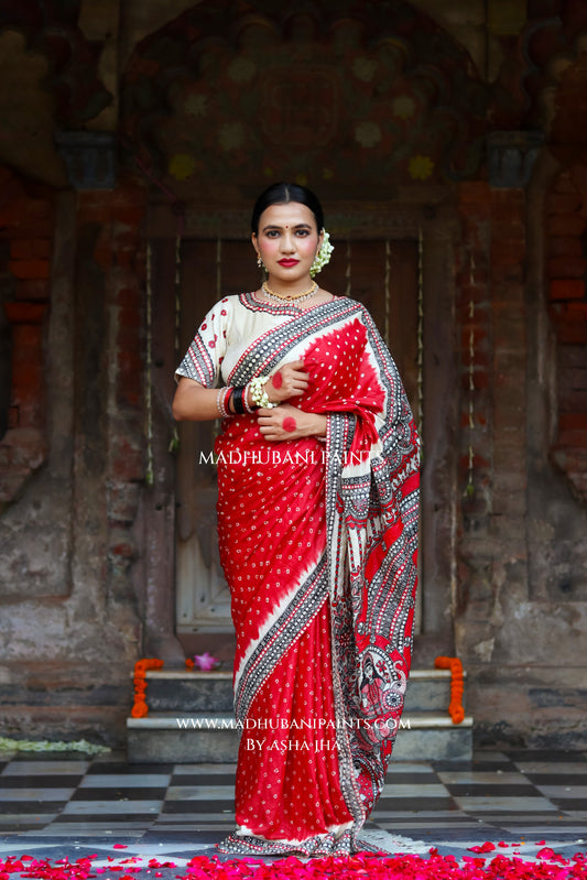 TRINETRA Handpainted Tussar Silk Madhubani Saree