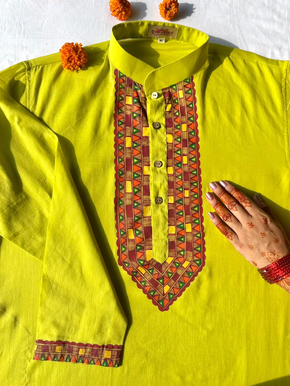 Green Chhath Puja Hand-painted  Madhubani Men's Cotton Kurta