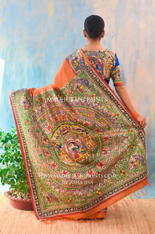 'NARANGI DOLI' Hand Painted Madhubani Tussar Silk Saree Blouse Set