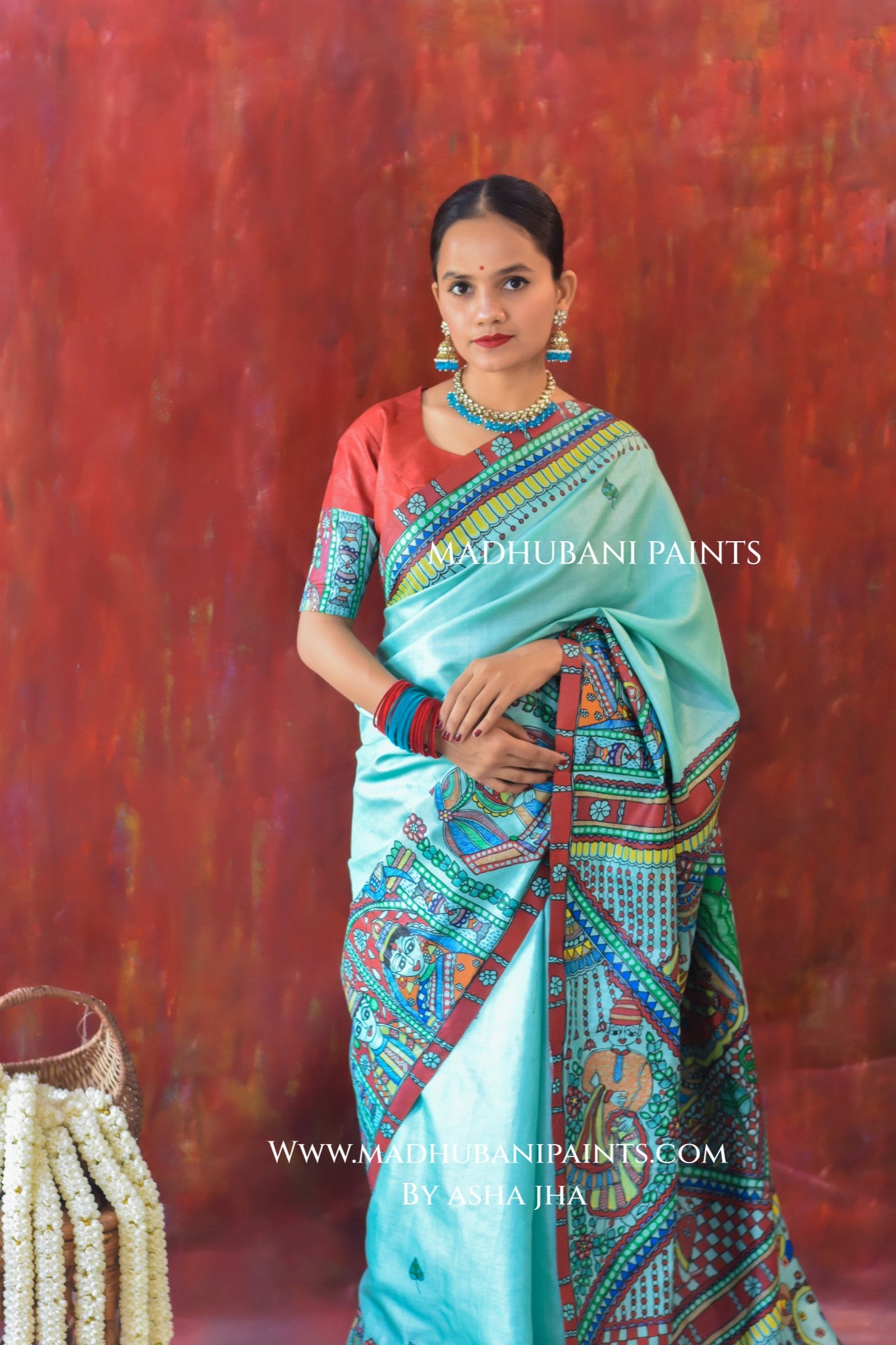 AASMANI MANGALYA Hand-painted Madhubani Tussar Silk Saree Blouse Set