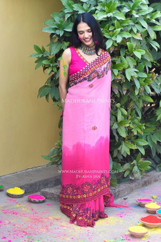 MADNOTSAV Handpainted Madhubani Georgette Saree