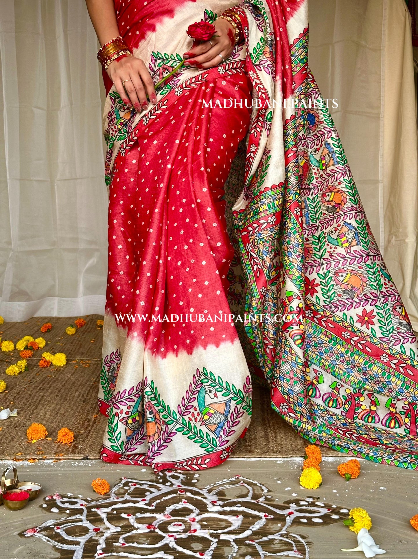 GULAB Handpainted Tussar Silk Bandhini Madhubani Saree