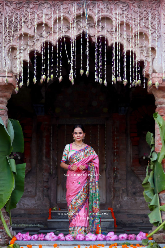 Durga Ji Ki Palki Handpainted Tussar Silk Madhubani Saree Blouse Set