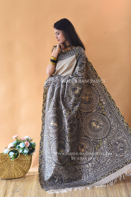 MITHILA KI MORNI Hand painted Madhubani Saree
