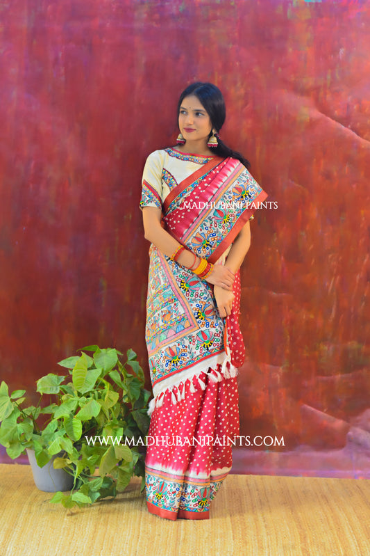 LAALI Handpainted Tussar Silk Bandhini Madhubani Saree