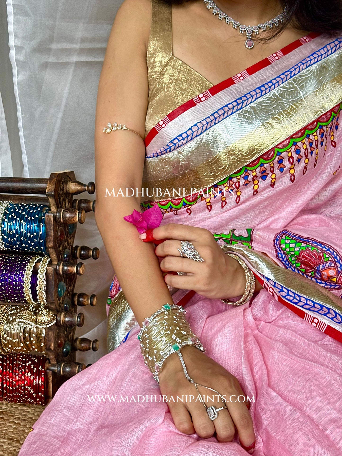 Gulabi Bridal Hand-painted Madhubani Painting Saree
