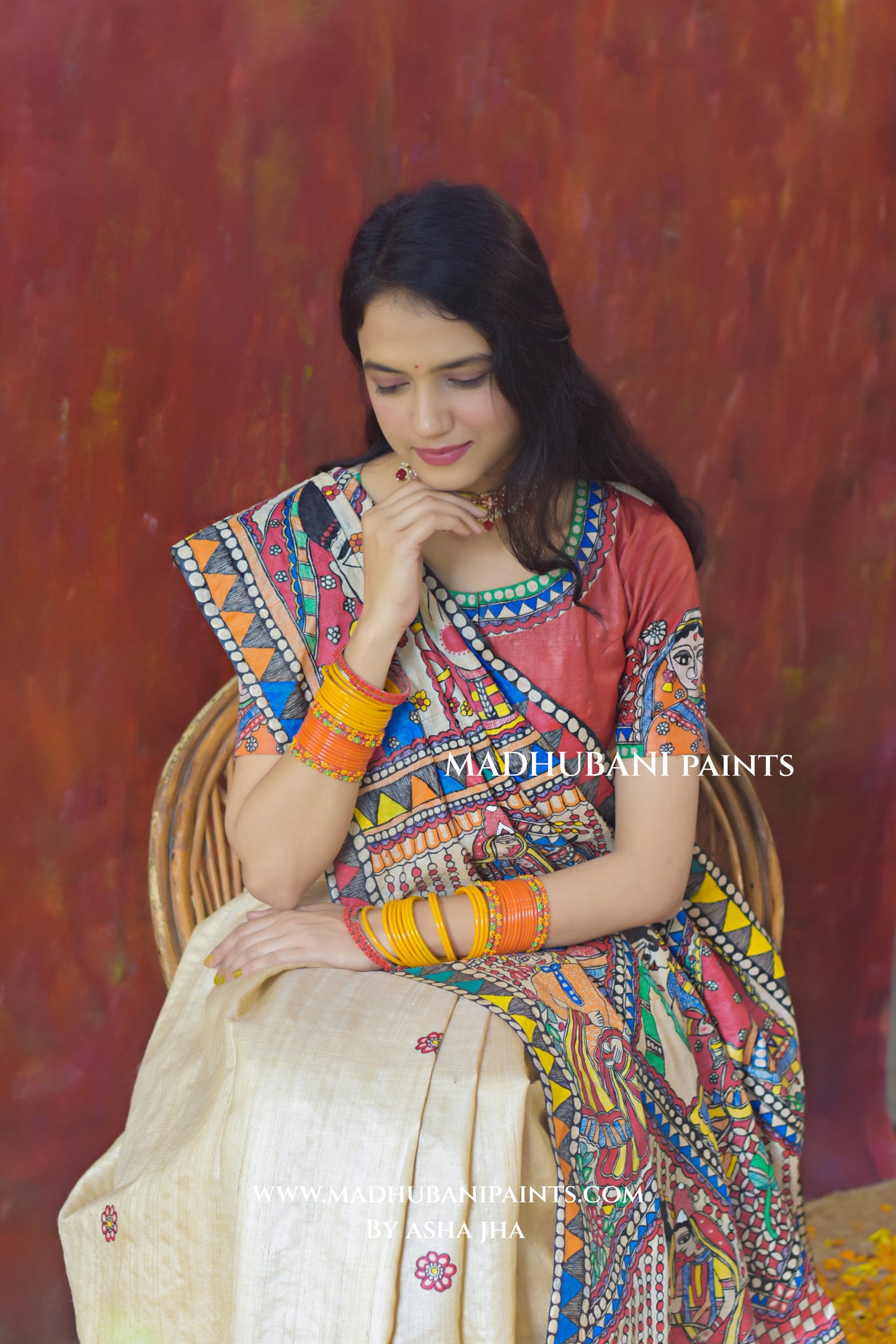 Bengali Vivah Hand-painted Madhubani Tussar Silk Saree