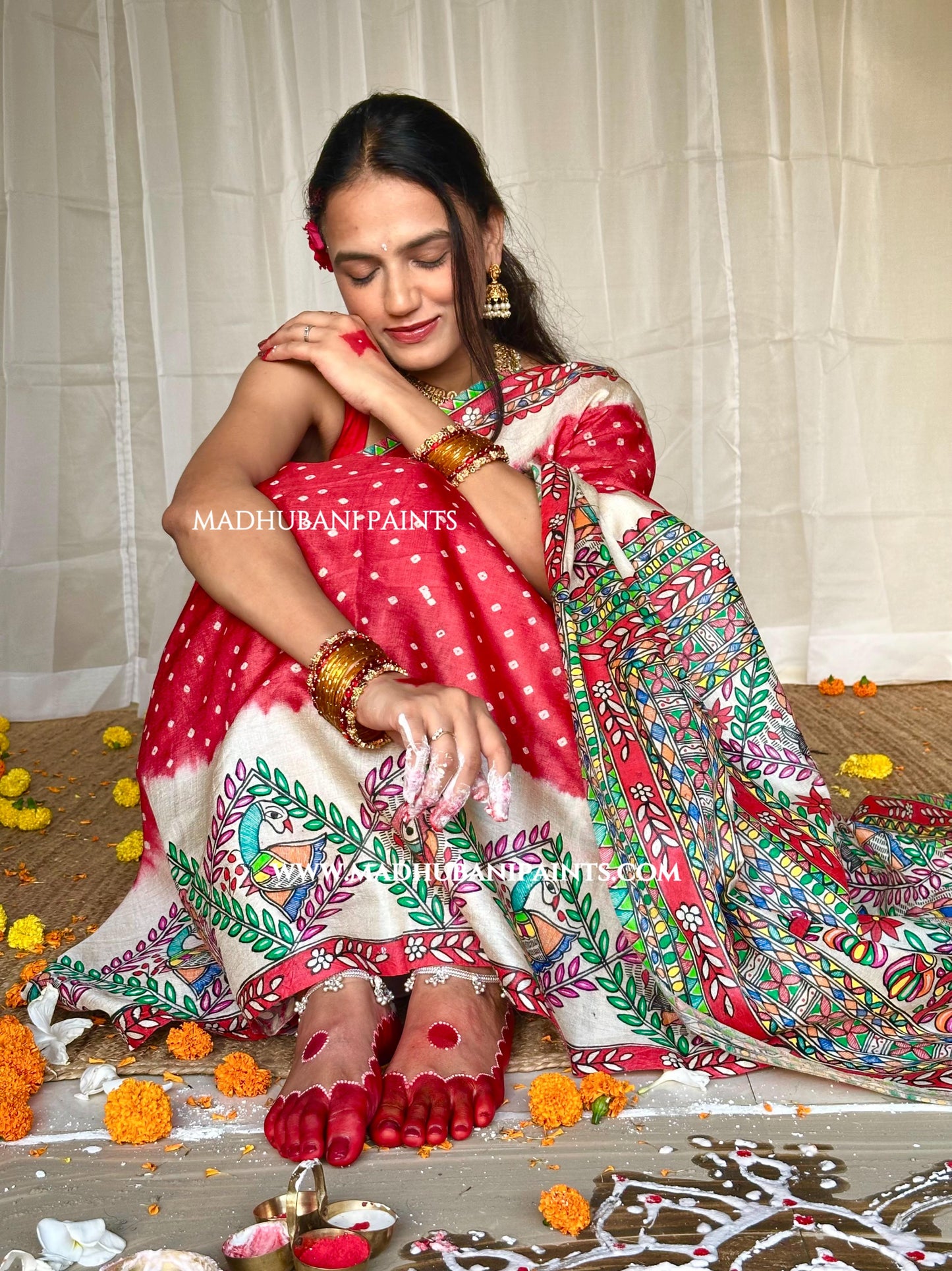 GULAB Handpainted Tussar Silk Bandhini Madhubani Saree