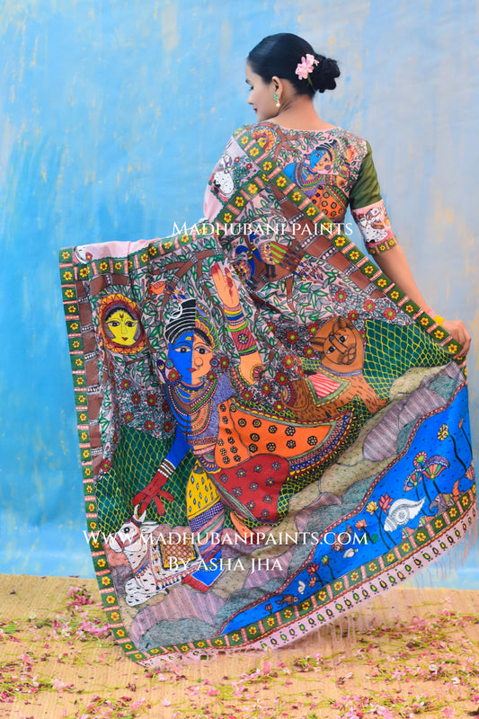 UMAMAHESHWAR ARDHNARISHWAR Hand-painted Madhubani Tussar Silk Saree