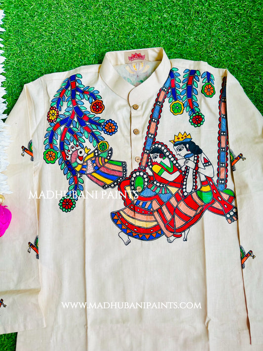 RADHA RAMAN Hand-painted Beige Handloom Men's Cotton Kurta