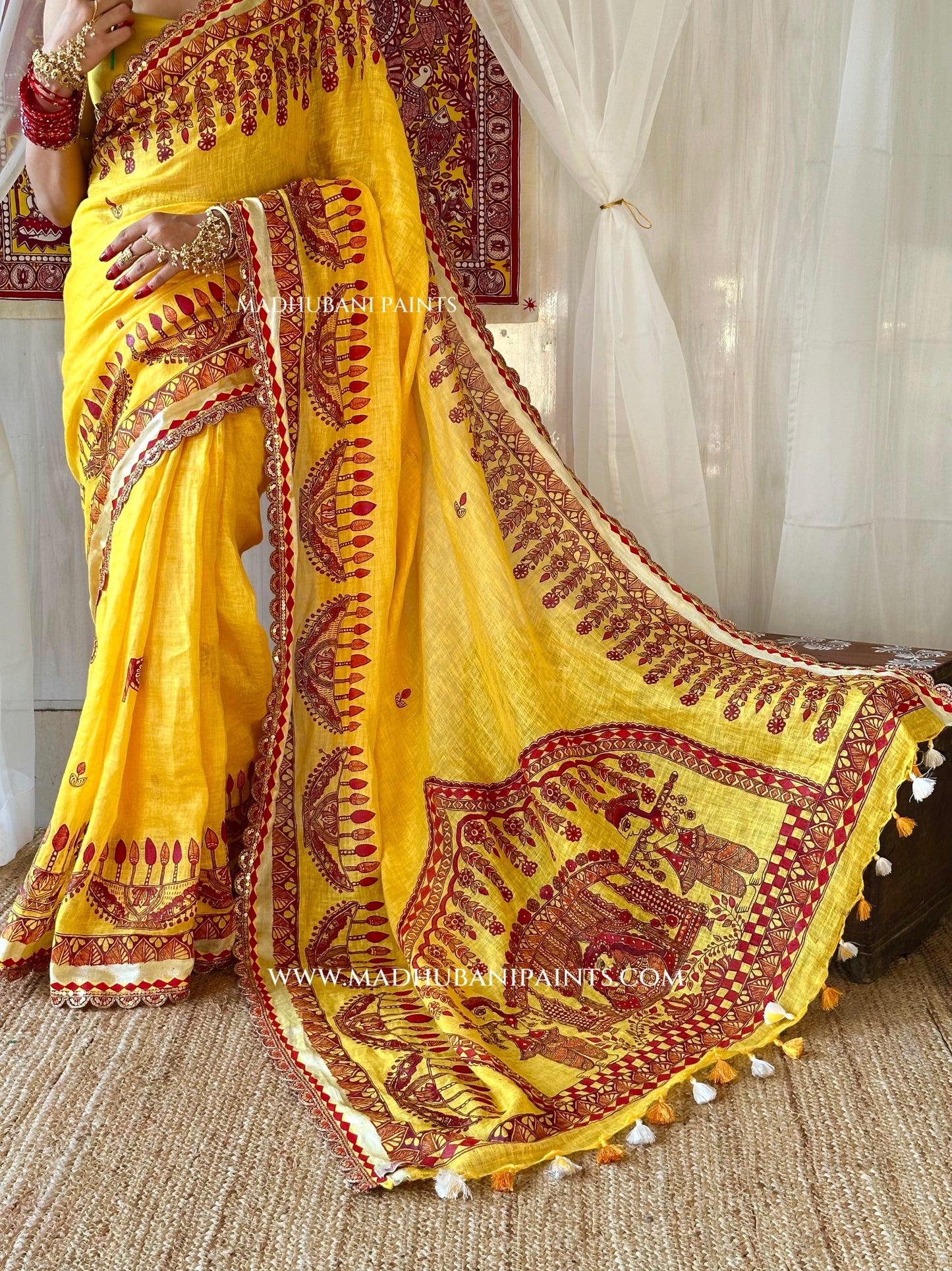 Haldi Bridal Hand-painted Madhubani Painting Saree