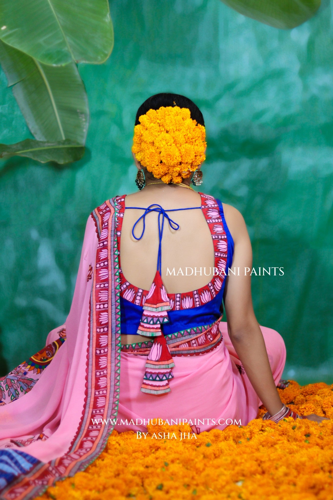 GULABI BHAKTI BHAVA Chhath Puja Hand painted Madhubani Georgette Saree Blouse Set