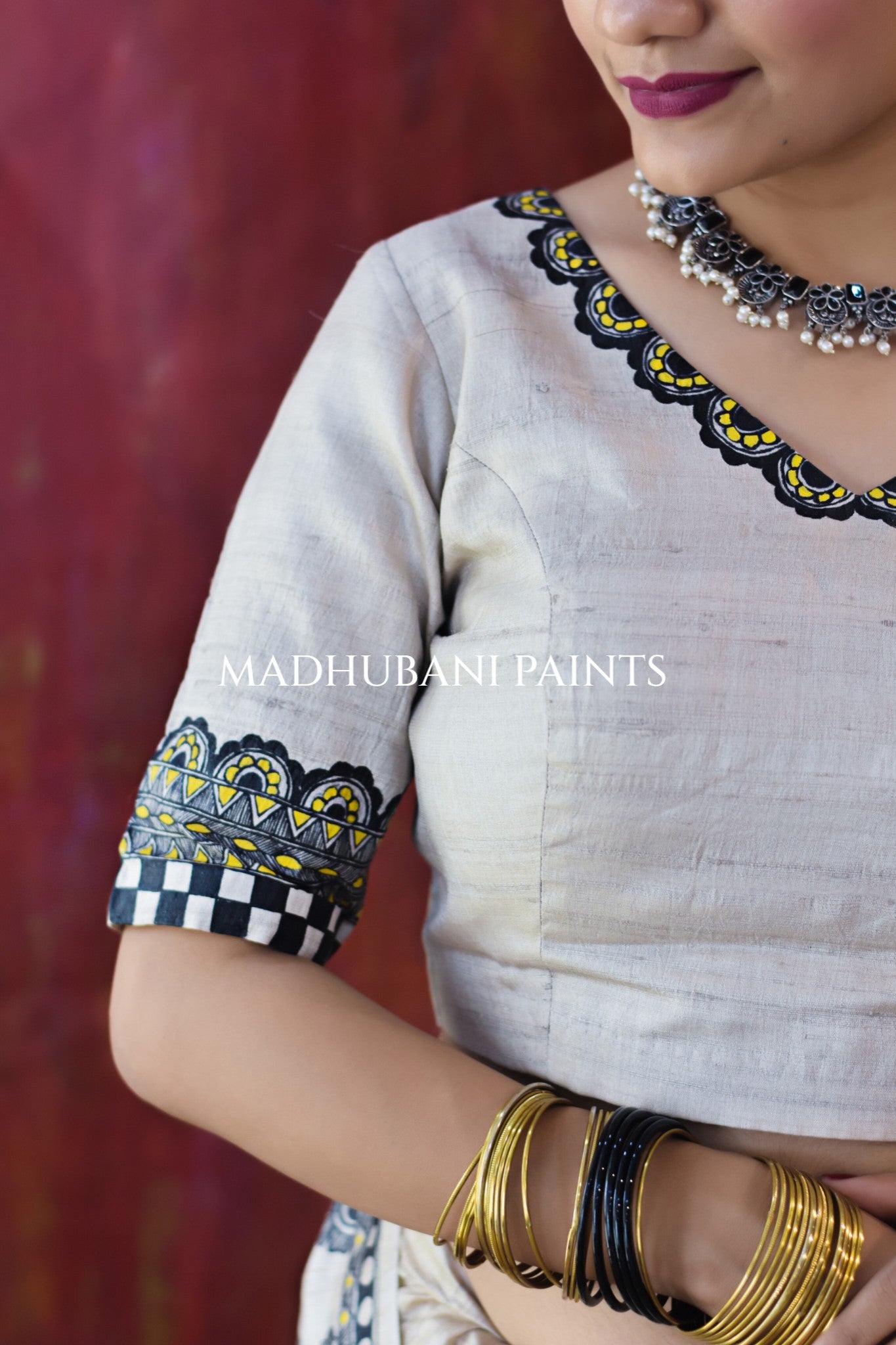 KAMAL MANDALA Hand-painted Madhubani Tussar Silk Saree Blouse Set