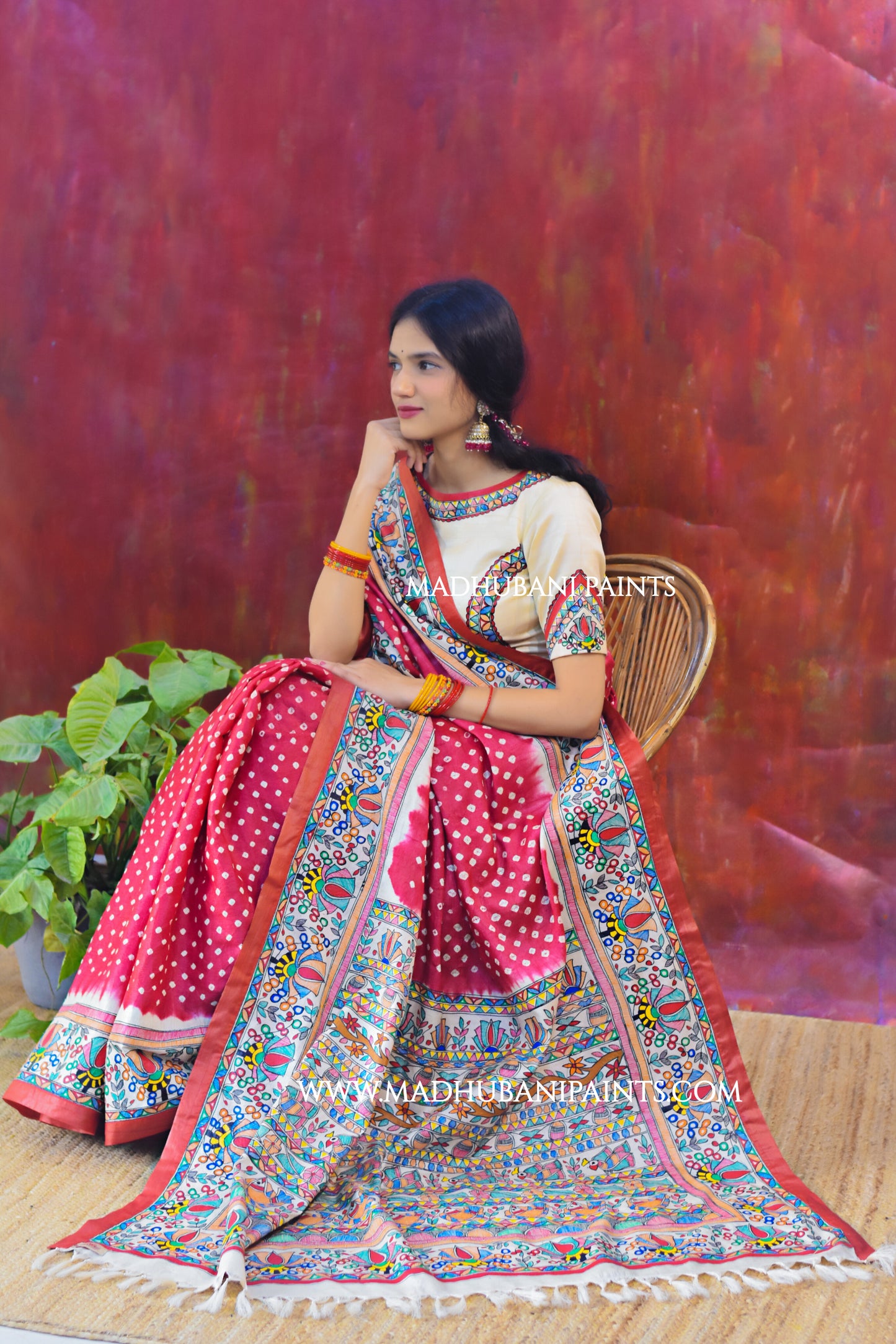 LAALI Handpainted Tussar Silk Bandhini Madhubani Saree