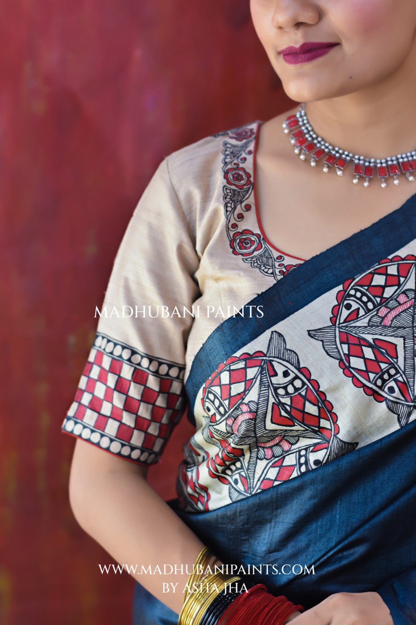 SAMUNDRAMAYI Hand-painted Madhubani Tussar Silk Saree Blouse Set
