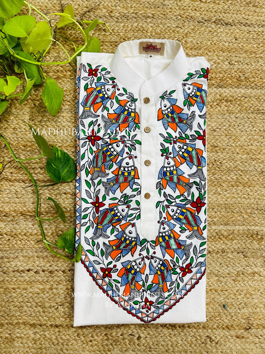 White Multicoloured Fish Hand-painted Handloom Men's Cotton Kurta