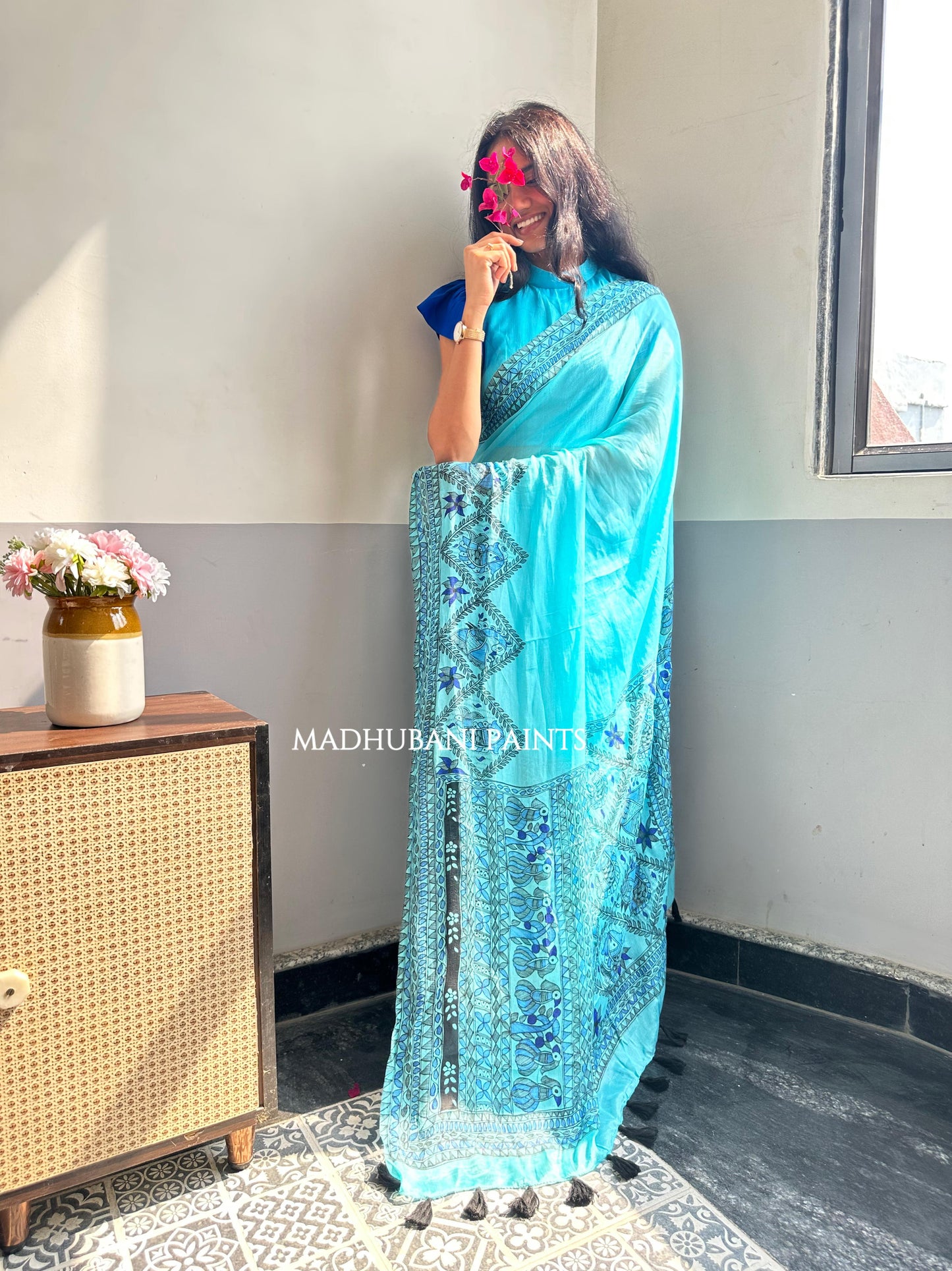 NEELAMBARI Hand-painted Madhubani Chiffon Saree Blouse Set