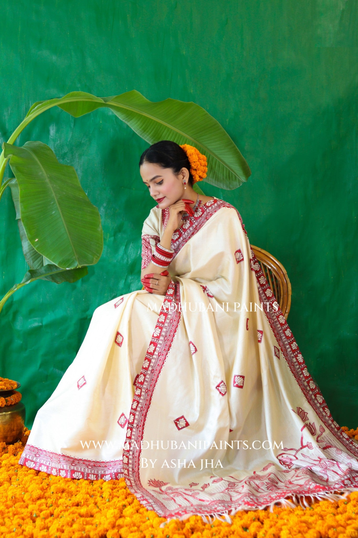 KAMALAKSHI Chhath Puja Handpainted Madhubani Tussar Silk Saree Blouse Set