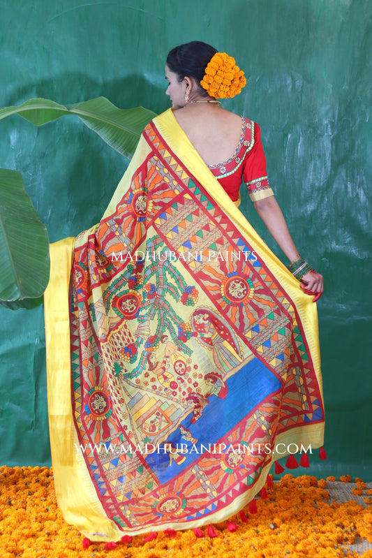 Chhath Puja Handpainted Madhubani Handloom Cotton Saree Blouse Set