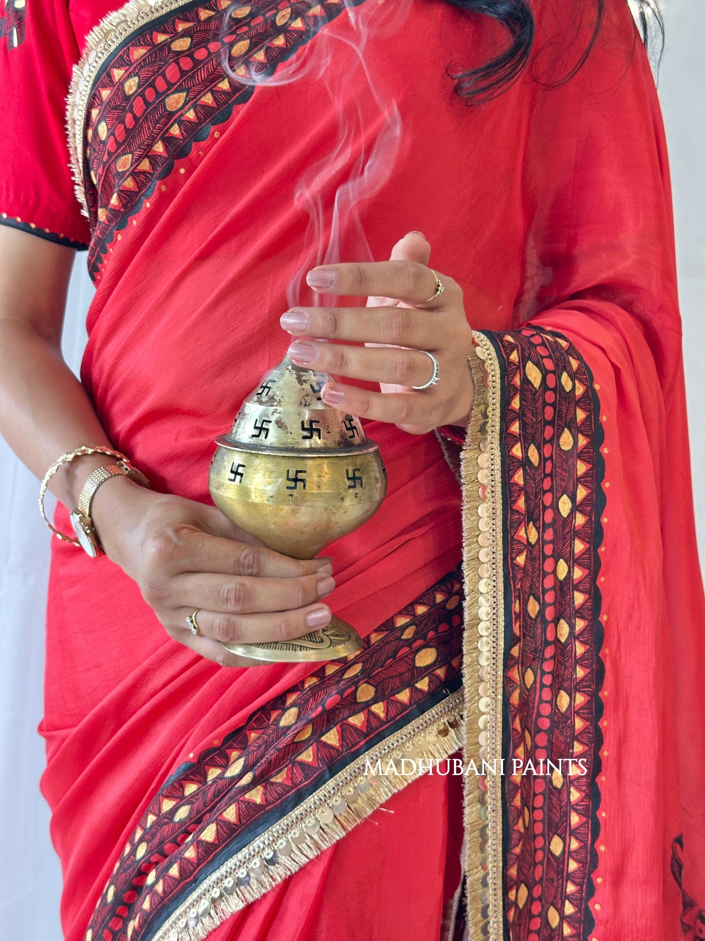 LAAL BRIDAL Hand-painted Madhubani Chiffon Saree Blouse Set