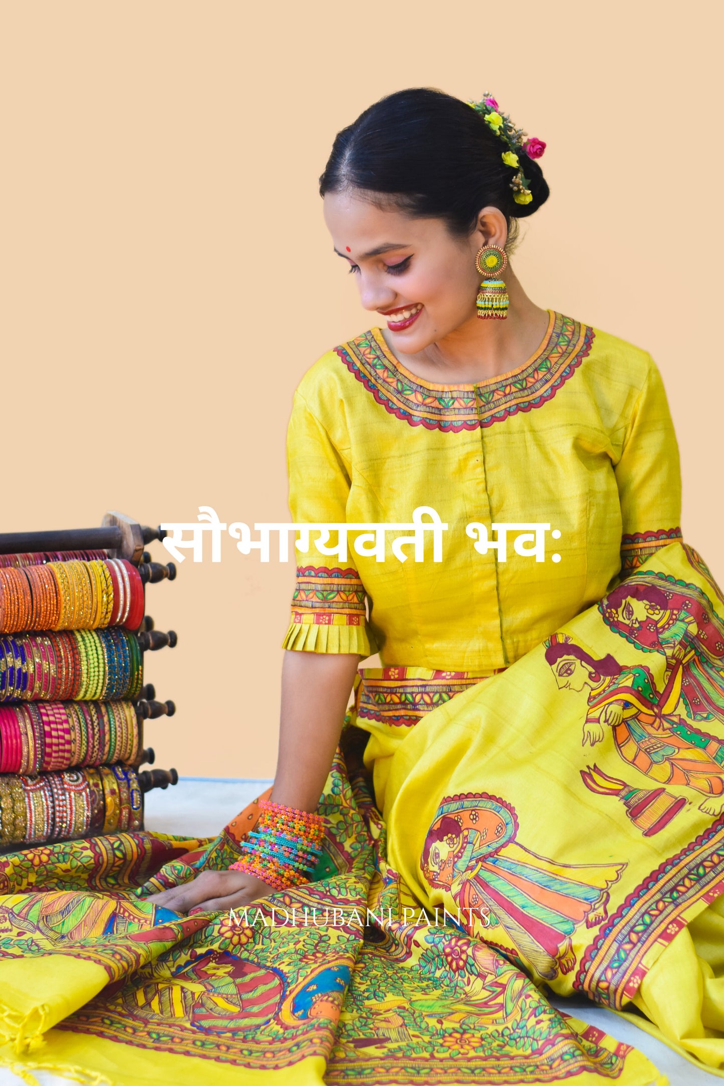 SAUBHAGYAVATI BHAVA Hand-painted Madhubani Tussar Silk Saree Blouse Set