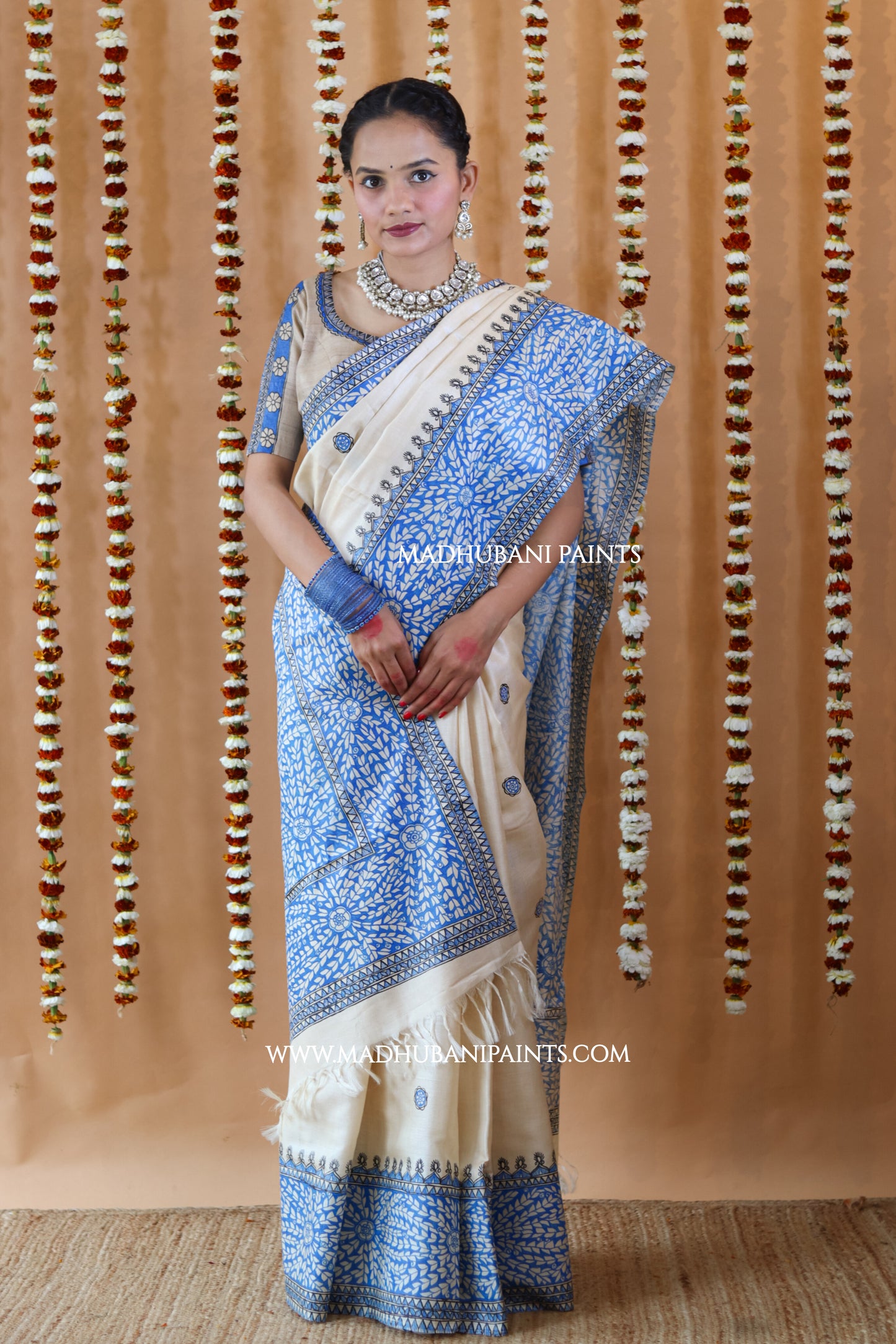 Blue Patta Handpainted Tussar Silk Saree Blouse Set