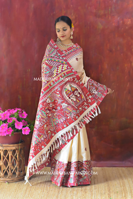 BENGALI BRIDE Hand-painted Madhubani Tussar Silk Saree