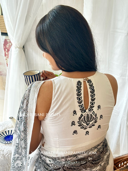 Linen Sagar Shringar Hand-painted Madhubani Painting Saree Blouse Set