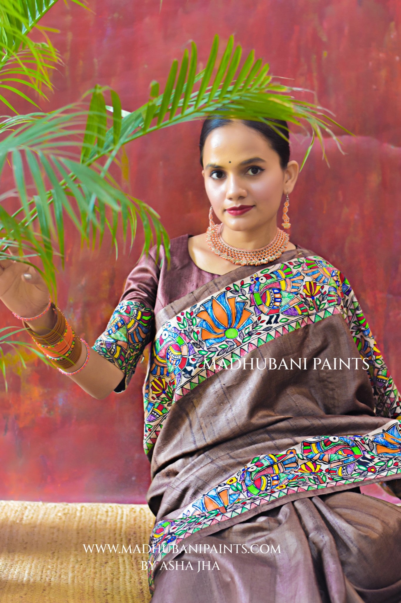 RADHA KRISHNA VRINDAVAN Hand-painted Madhubani Tussar Silk Saree