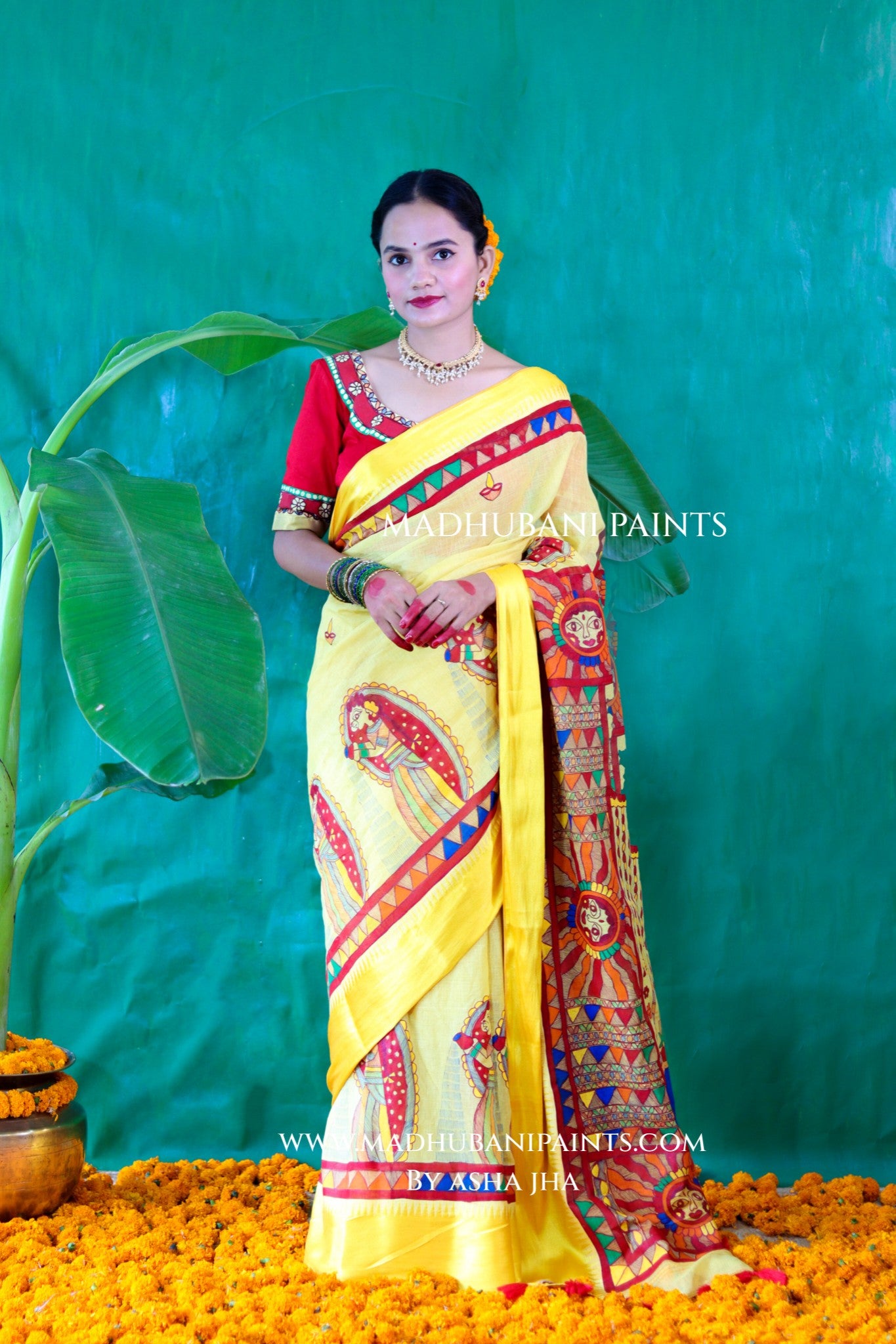 Chhath Puja Handpainted Madhubani Handloom Cotton Saree