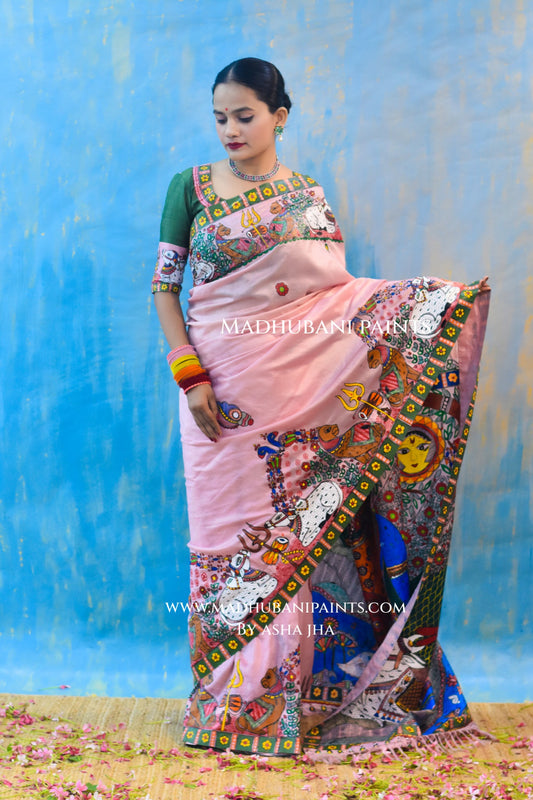 UMAMAHESHWAR ARDHNARISHWAR Hand-painted Madhubani Tussar Silk Saree Blouse Set