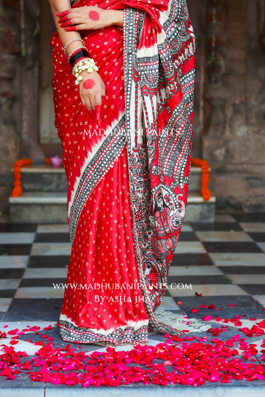 TRINETRA Handpainted Tussar Silk Madhubani Saree Blouse Set