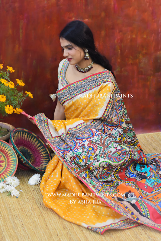 RAM SITA SWAYAMBAR Hand-painted Bandhini Tusaar Silk Saree