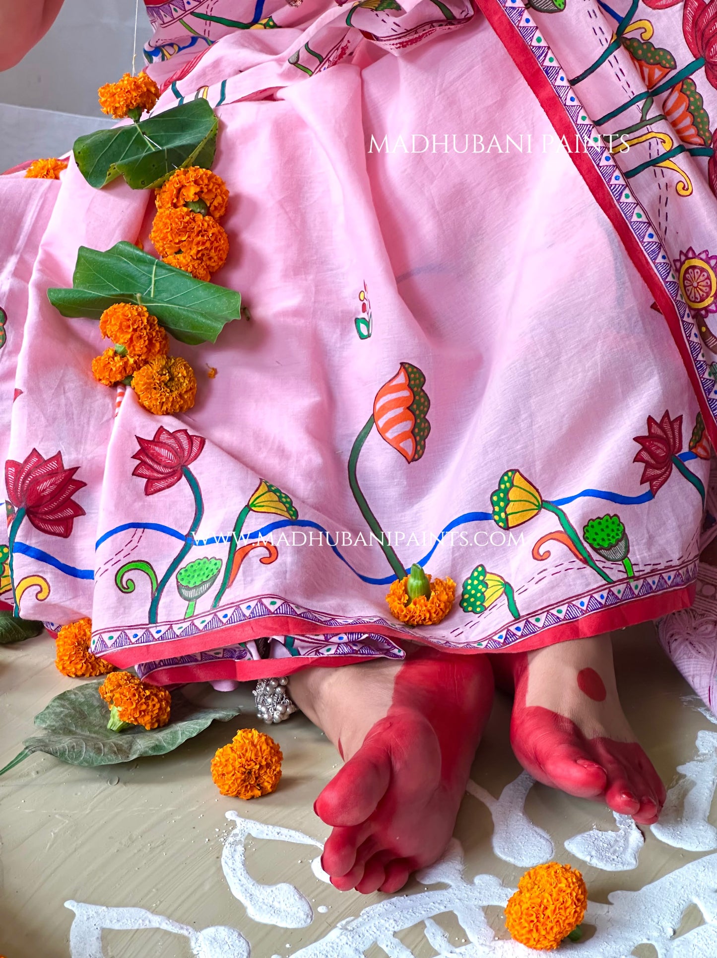 Madhushravani Pink Bridal Hand-painted Madhubani Painting Cotton Saree