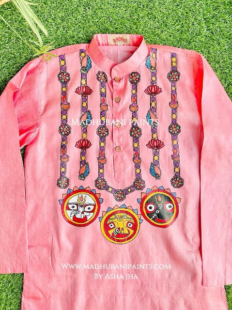 Pink Lord Jagannatha Hand-painted Madhubani Men's Tussar Silk Kurta