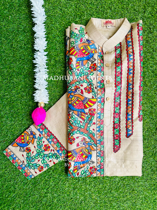 Beige Mayuri Hand-painted Handloom Men's Tussar Silk Kurta