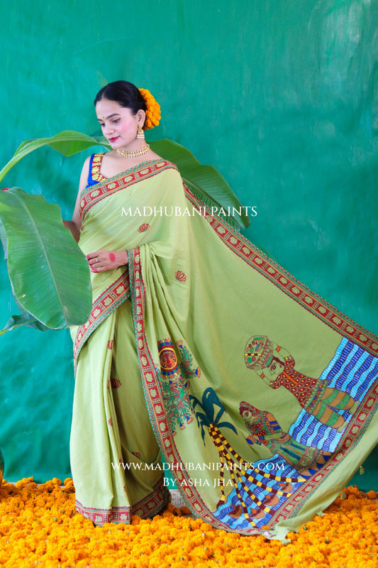 BHAKTI BHAVA Chhath Puja Hand painted Madhubani Mul Cotton Saree Blouse Set