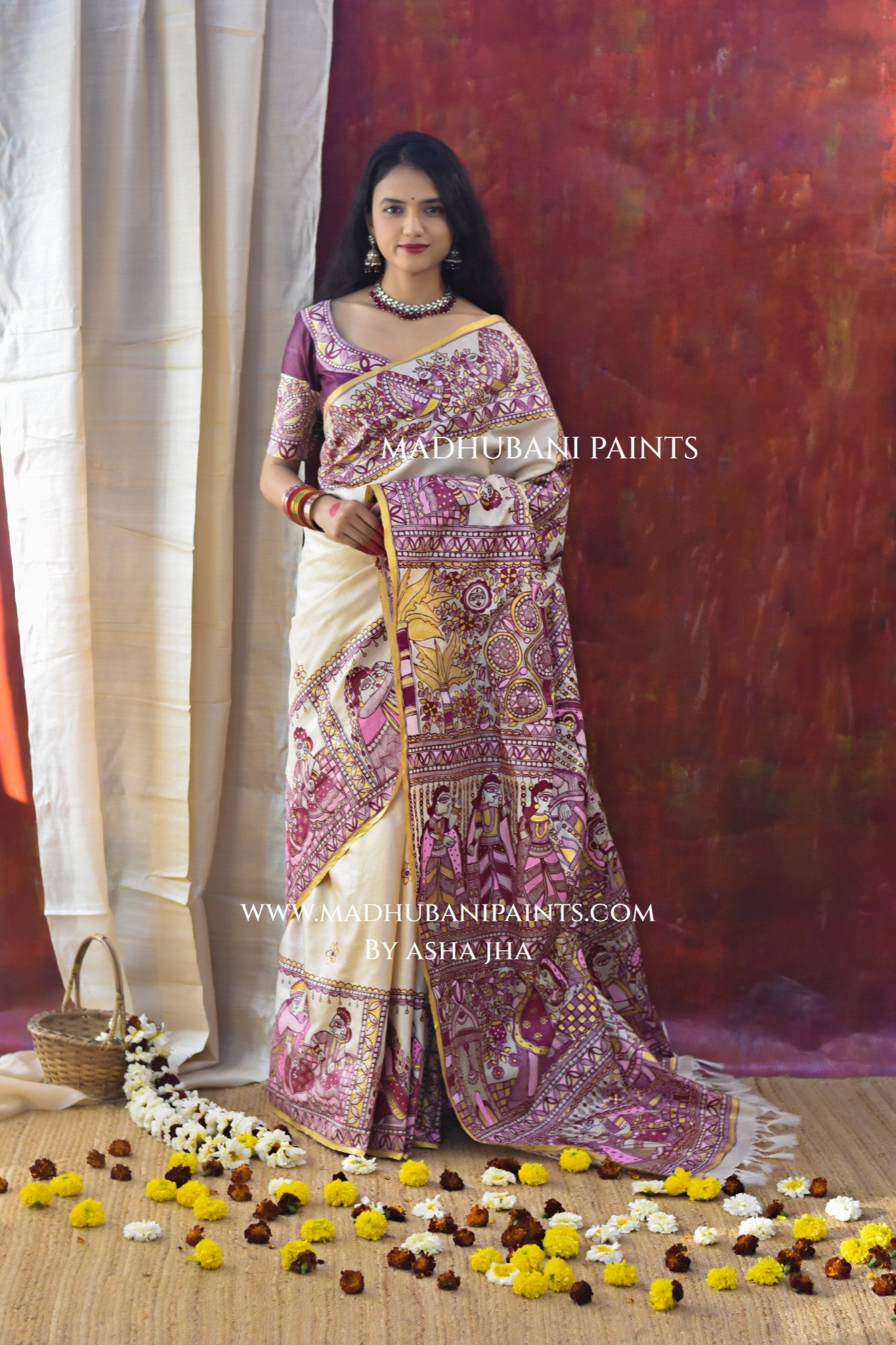 SUHAGIN Hand-painted Madhubani Tussar Silk Saree Blouse Set