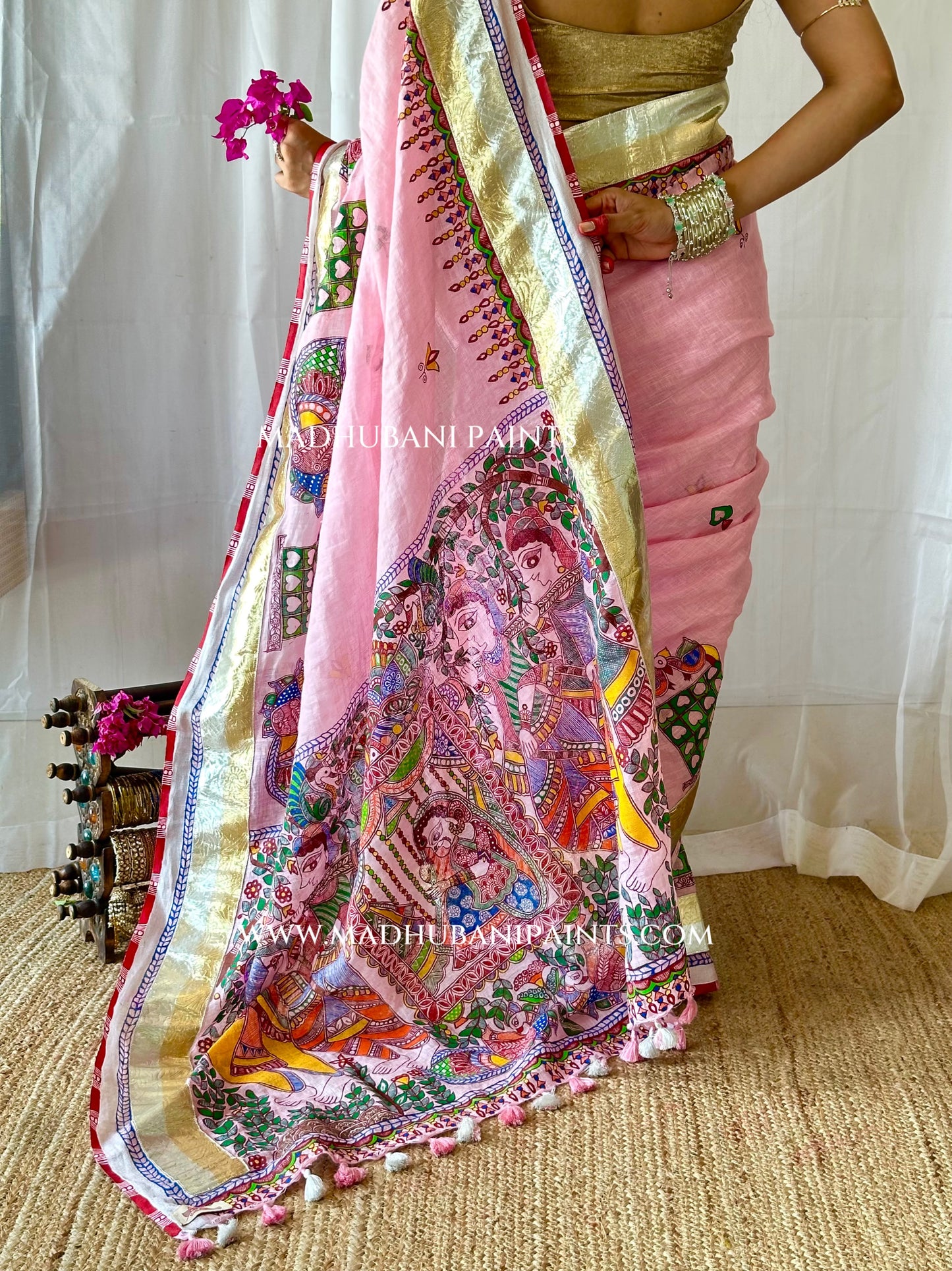Gulabi Bridal Hand-painted Madhubani Painting Saree