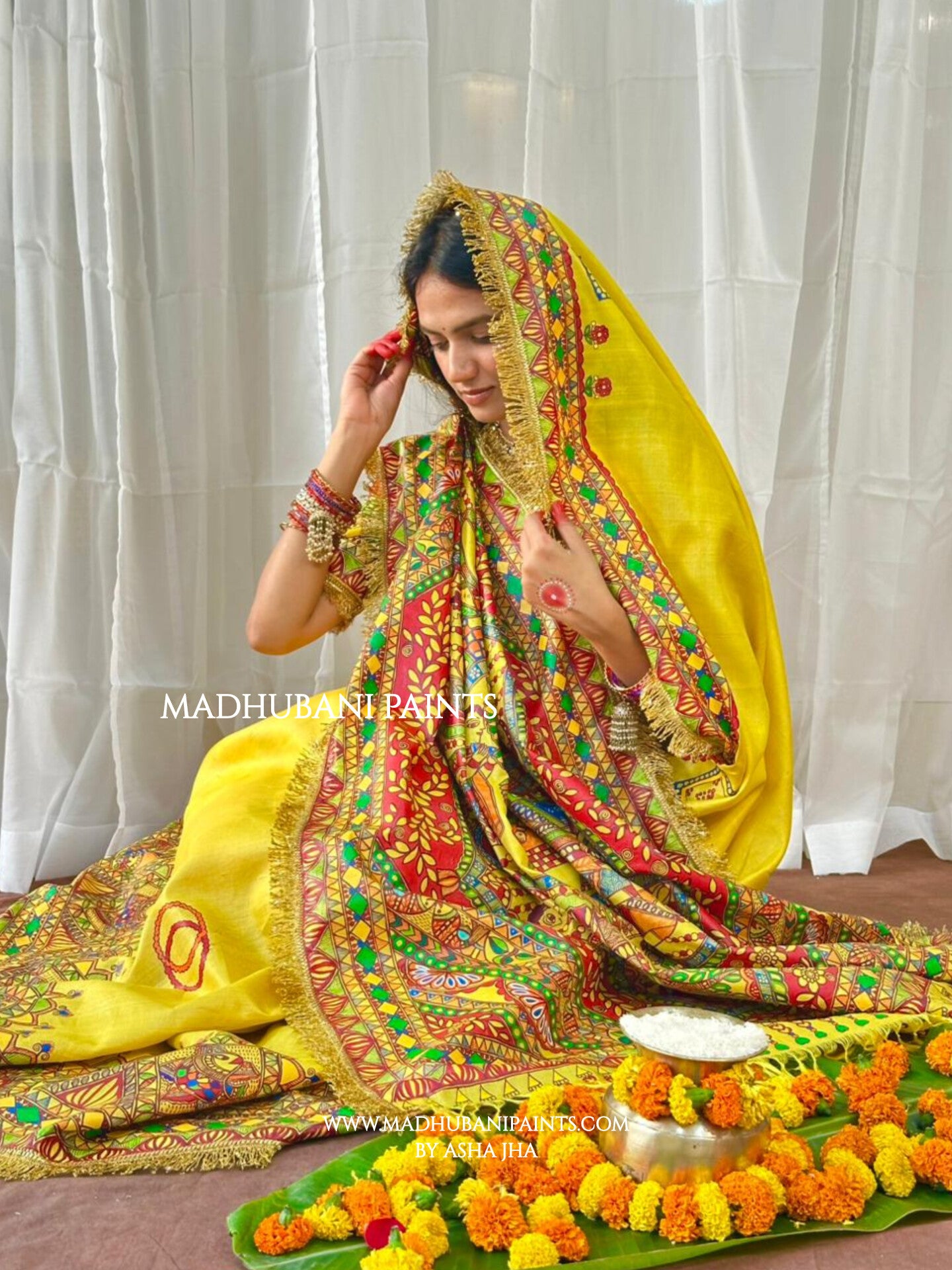 MITHILA VIVAH BRIDAL Hand-painted Madhubani Tussar Silk Saree Blouse Set